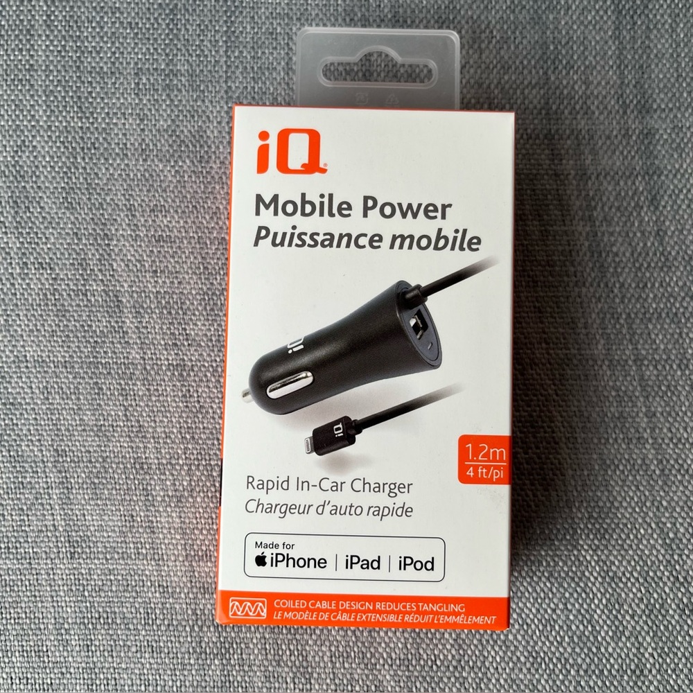 iQ Mobile Power Rapid In-Car Charger Black 1.2m Coiled iPhone Cable